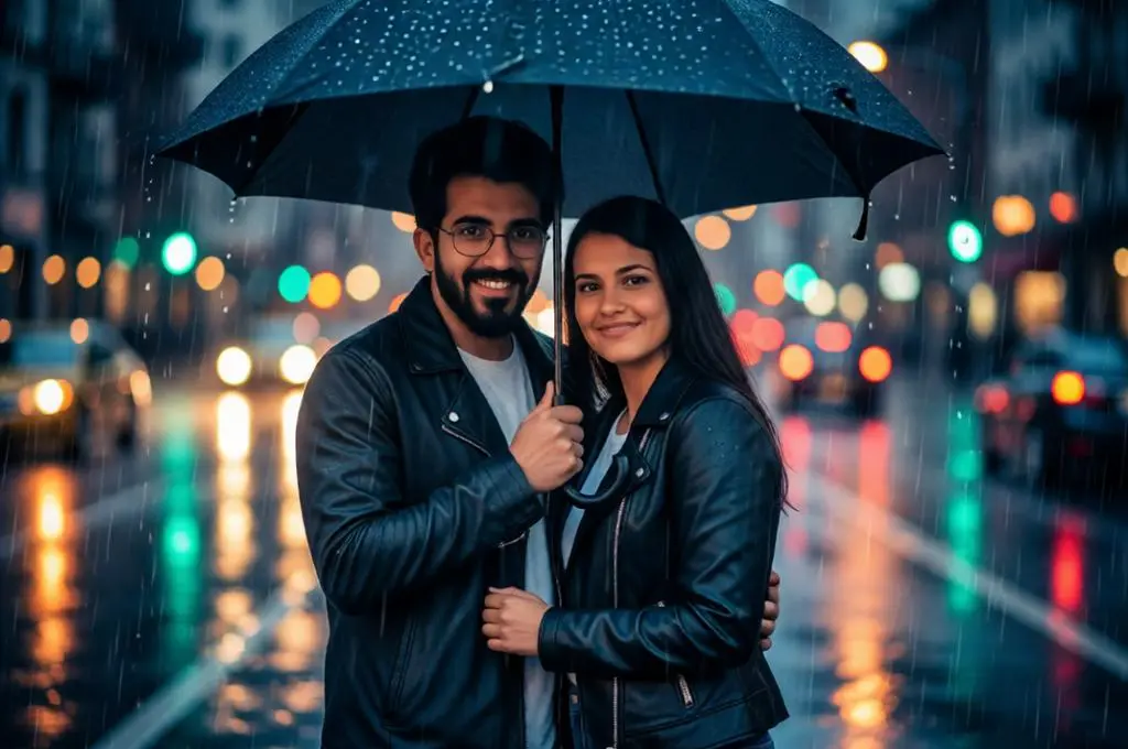Romantic couple standing under a black umbrella on a rainy city street with glowing cinematic bokeh lights in the background.