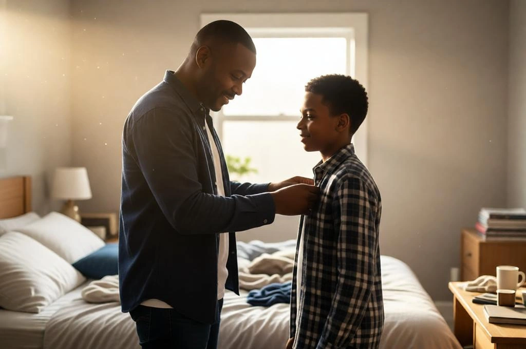 Father helping son get ready during peaceful morning routine indoors.