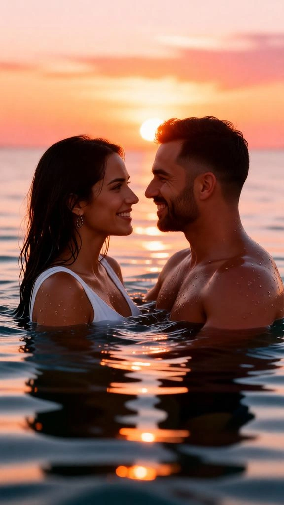 Romantic couple in ocean water during golden sunset