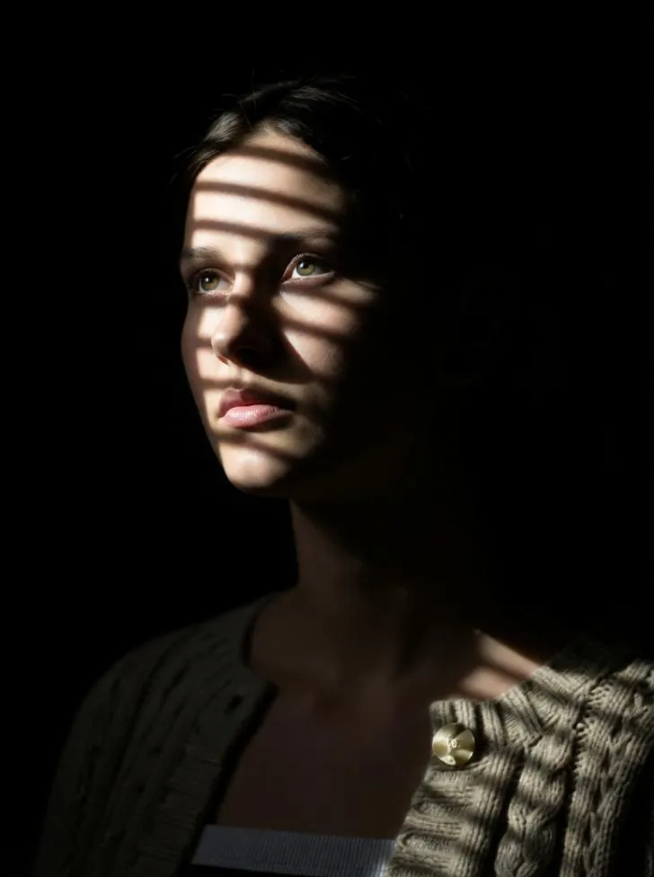 Low-key portrait of a woman with dramatic light shadows.