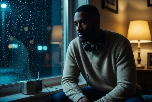 Nighttime lo-fi mood with window light, headphones, and calm emotional vibe