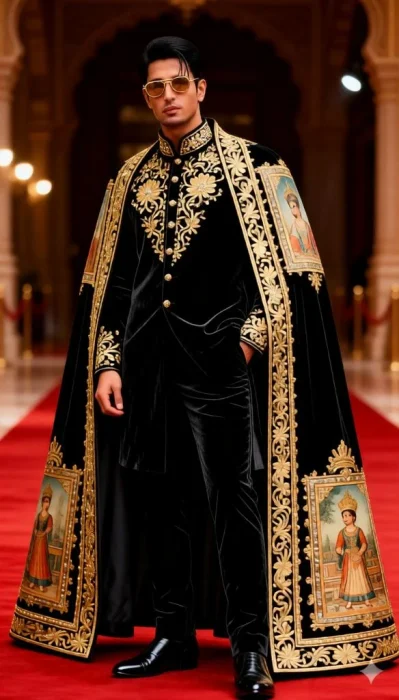 Men wear a black velvet sherwani with a royal embroidered cape.