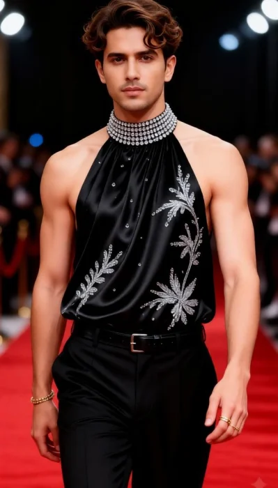Men wear a black embellished menswear look with crystal detailing.