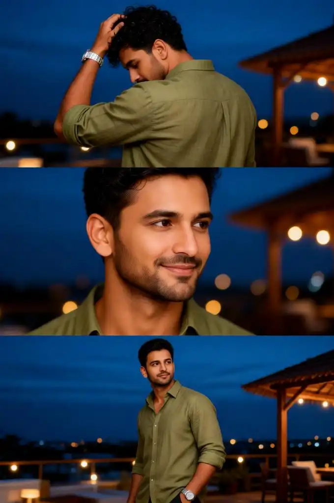 Rooftop night portrait collage with warm bokeh lights.