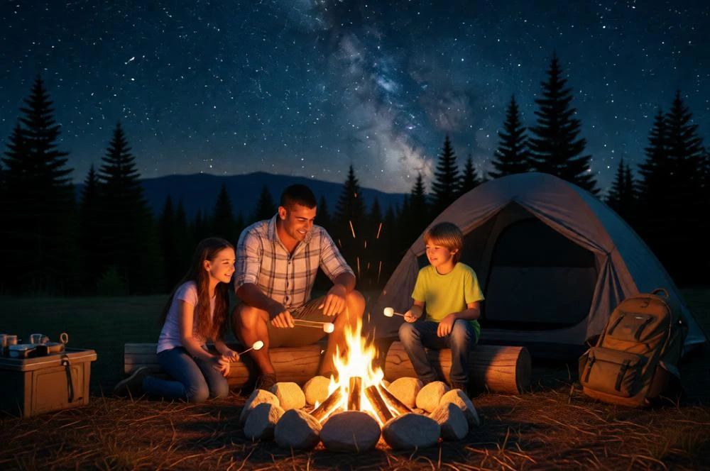 Father camping with children beside a campfire under a starry sky.