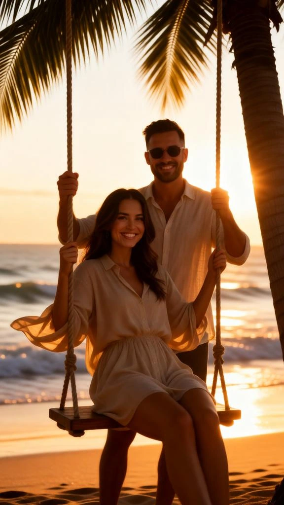 Romantic couple on beach swing during golden hour sunset