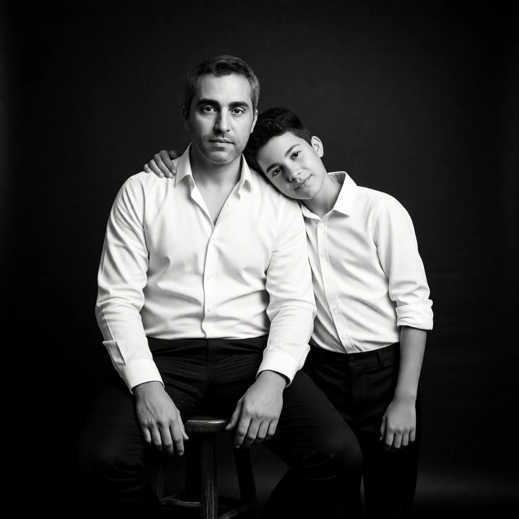 Black-and-white father and son fine art studio portrait with emotional pose.