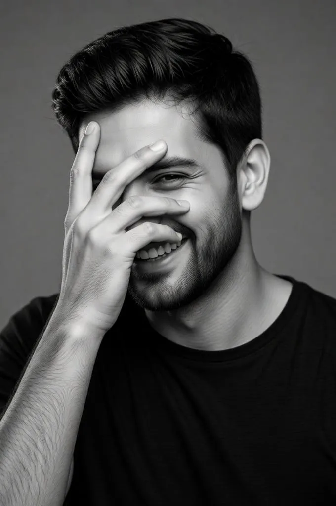 Black and white candid portrait of a laughing man.