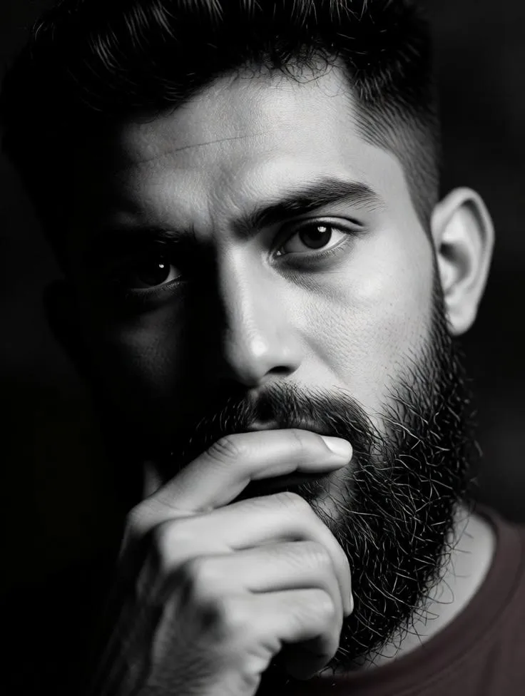 Dramatic black and white portrait of a bearded man.