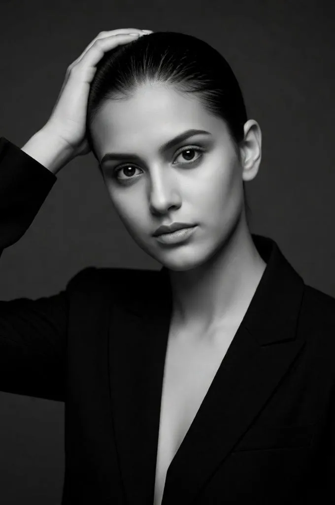 Minimal black and white fashion portrait of a confident woman.