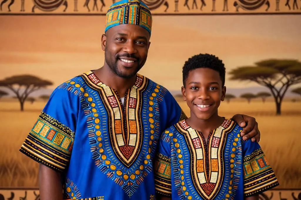 Traditional African father and son portrait in colorful dashiki outfits.