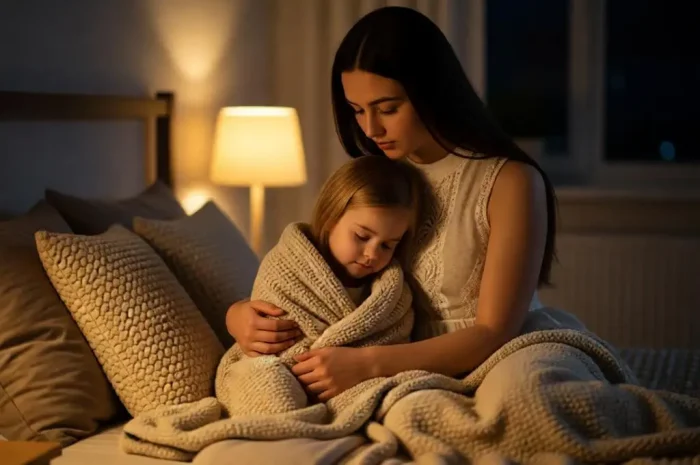 A young mother hugging her child on a cozy bed at night.