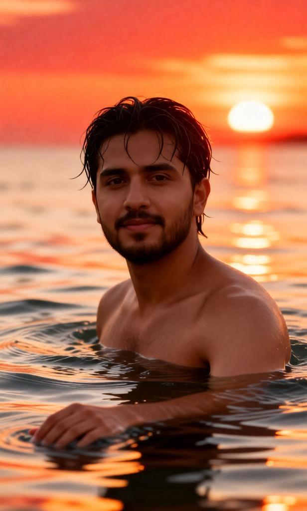Man standing in ocean water during cinematic sunset