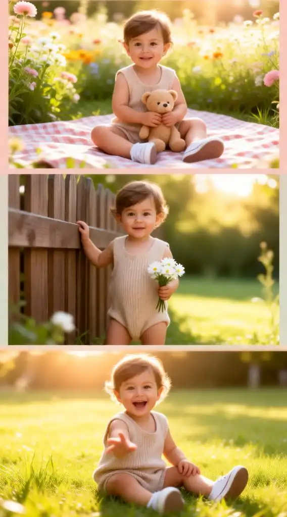 Adorable baby boy outdoor portrait collage.