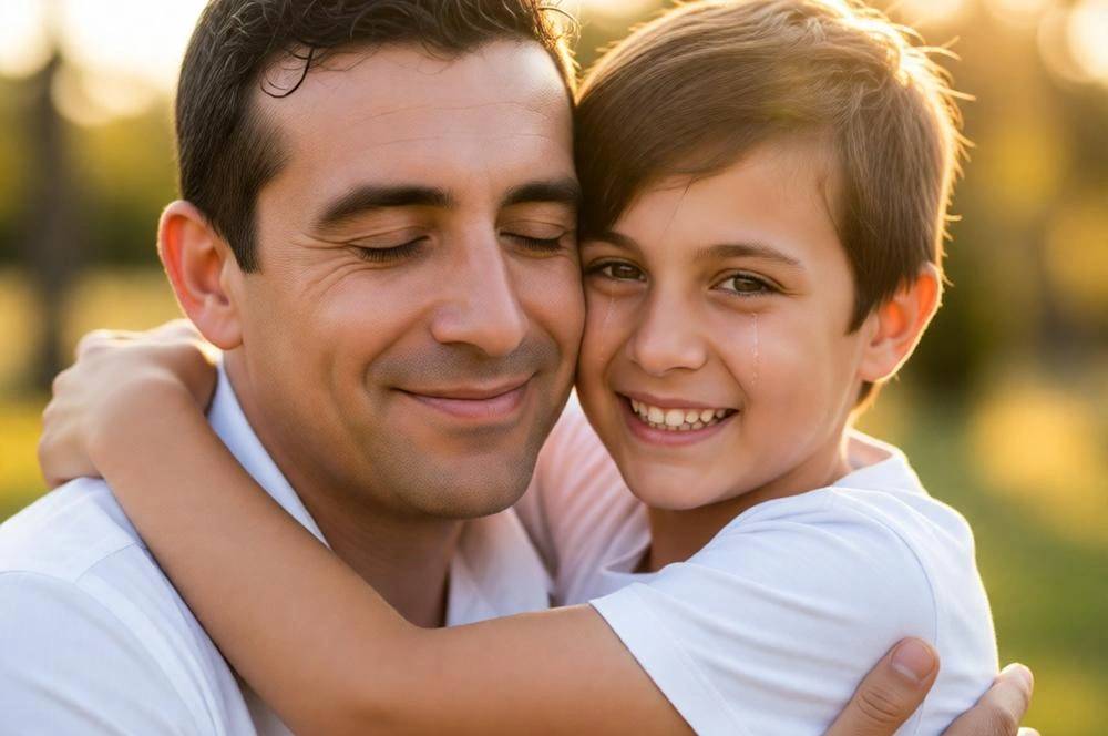 Emotional close-up portrait of father hugging young son.
