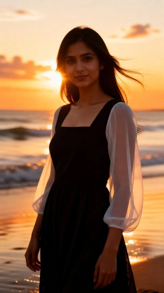 Woman in a black dress posing on the beach with a cinematic sunset glow