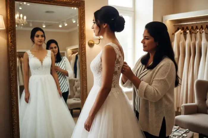 Mother and her daughter shopping for wedding day.