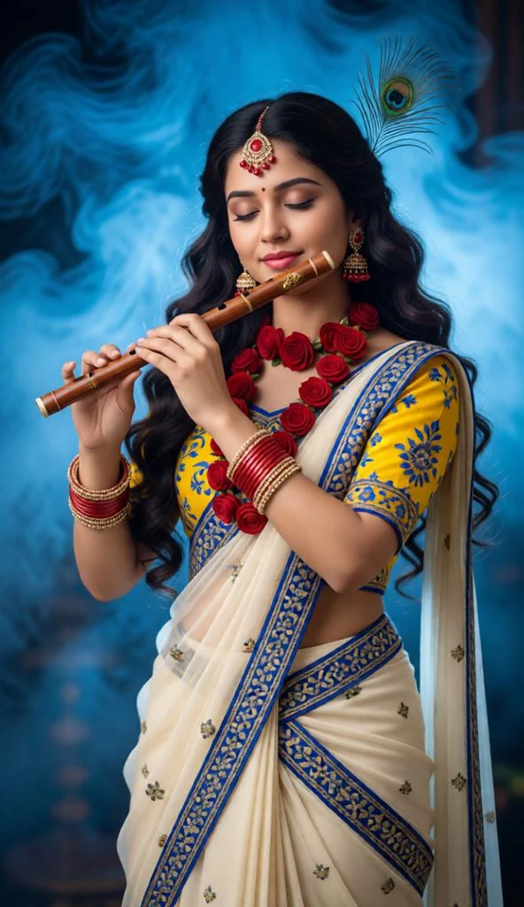 Woman styled as Radha Rani in a cream and blue lehenga holding a flute with a blue smoke background.