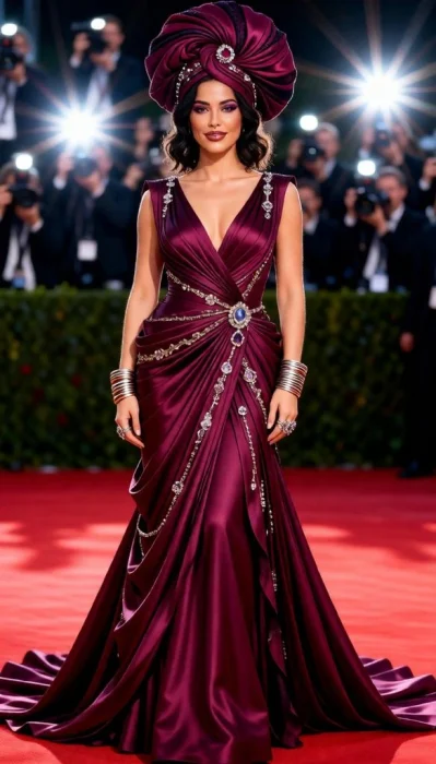 Women wear a deep plum draped couture gown with an oversized regal headwrap.