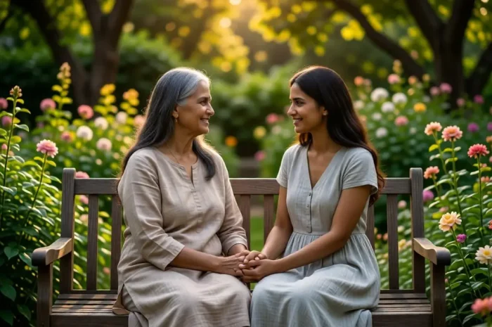 Elderly mother and daughter sitting together in a peaceful garden.