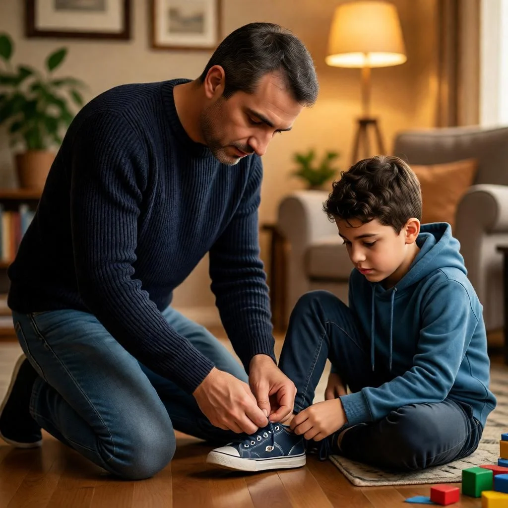 Father teaching young son to tie shoelaces in a warm home setting.