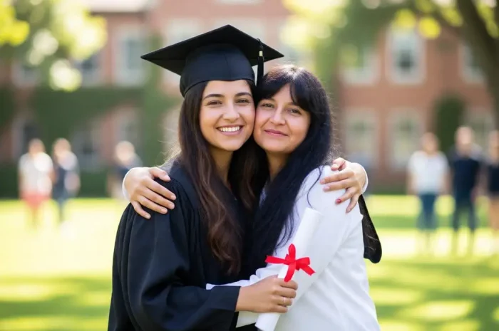 Mother hugging her daughter on graduation day outdoors.