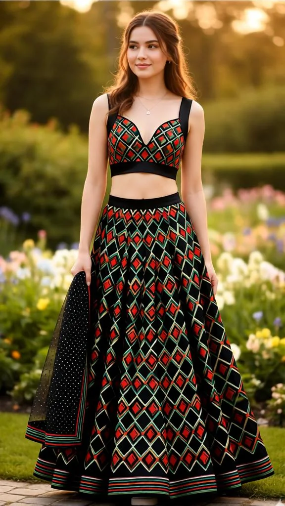 Woman in a black multicolor geometric lehenga with deep V-neck blouse.