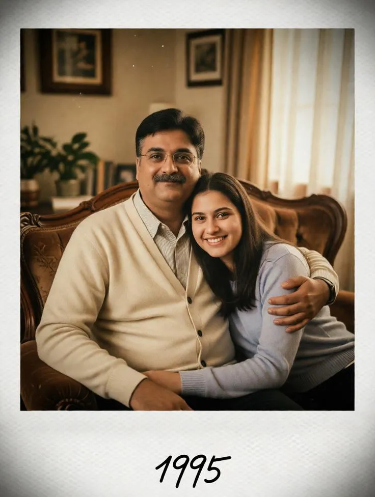 Vintage-style photo of a father and daughter on a sofa.