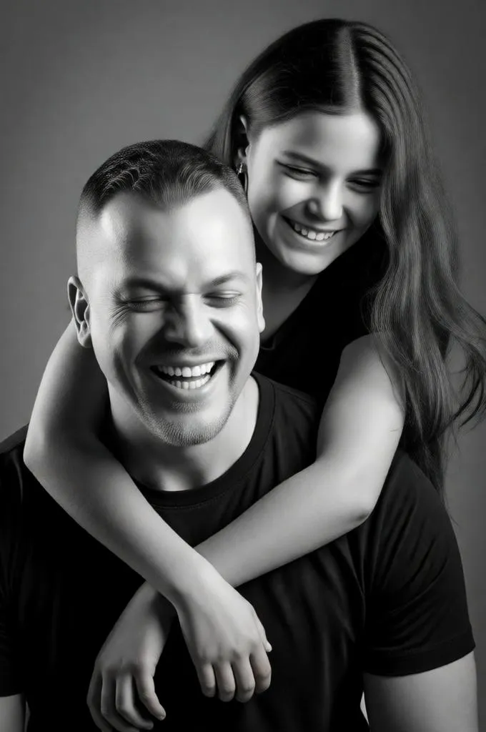 Father and daughter laughing in a black-and-white studio portrait.