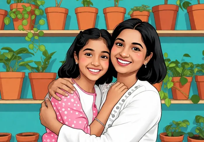 Cartoon-style illustration of a happy mother and daughter.