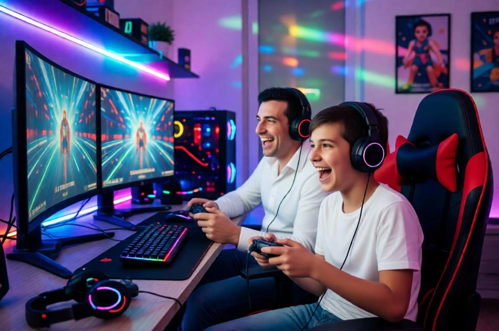 Father and son playing video games in modern RGB gaming room.