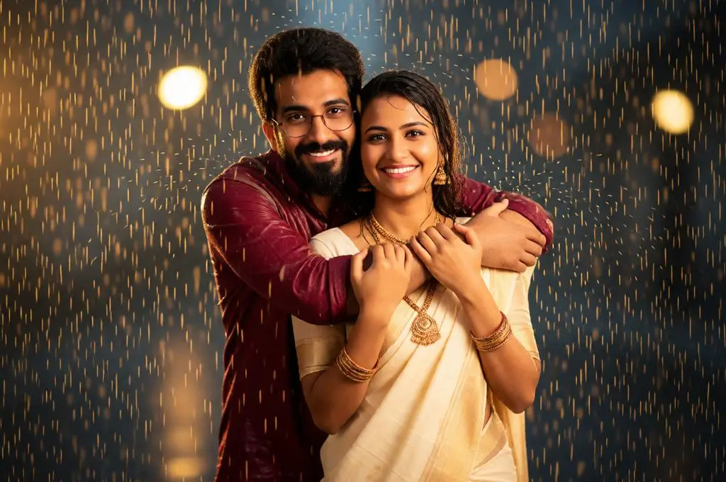 Indian couple enjoying heavy rain together with a cream saree, red shirt, and warm cinematic golden lighting.