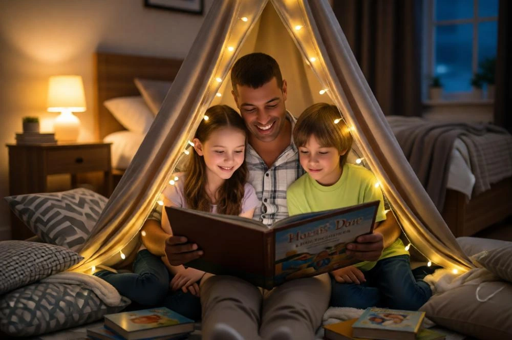 Father reading bedtime stories to children inside cozy blanket fort.