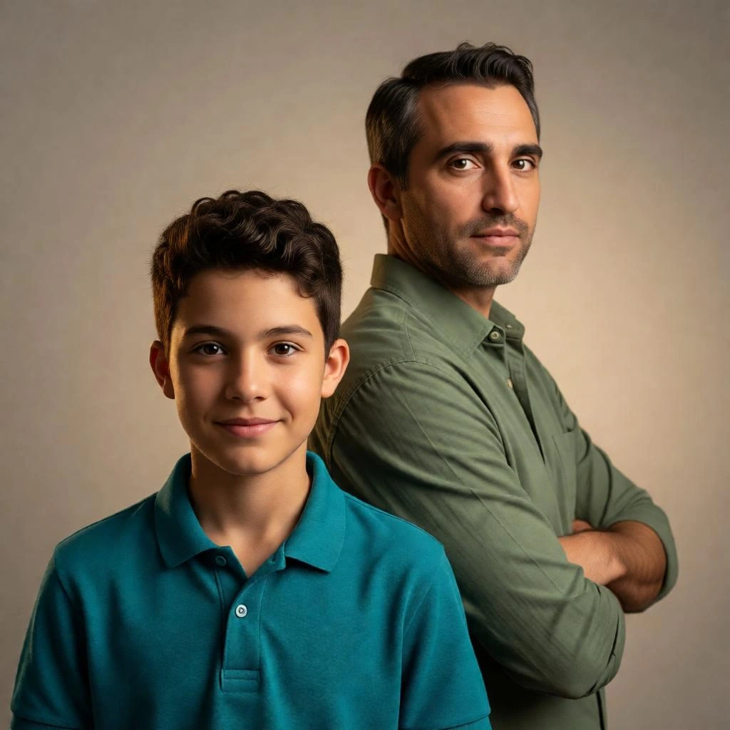 Clean modern studio portrait of father and son with realistic details.