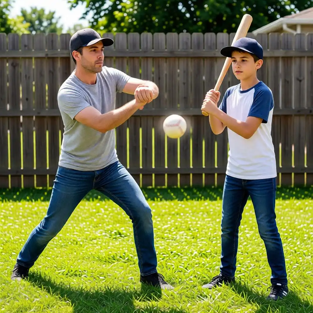 Backyard baseball practice scene with father pitching to young son.