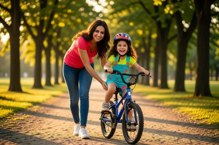Mother helping her daughter learn to ride a bicycle in a park.