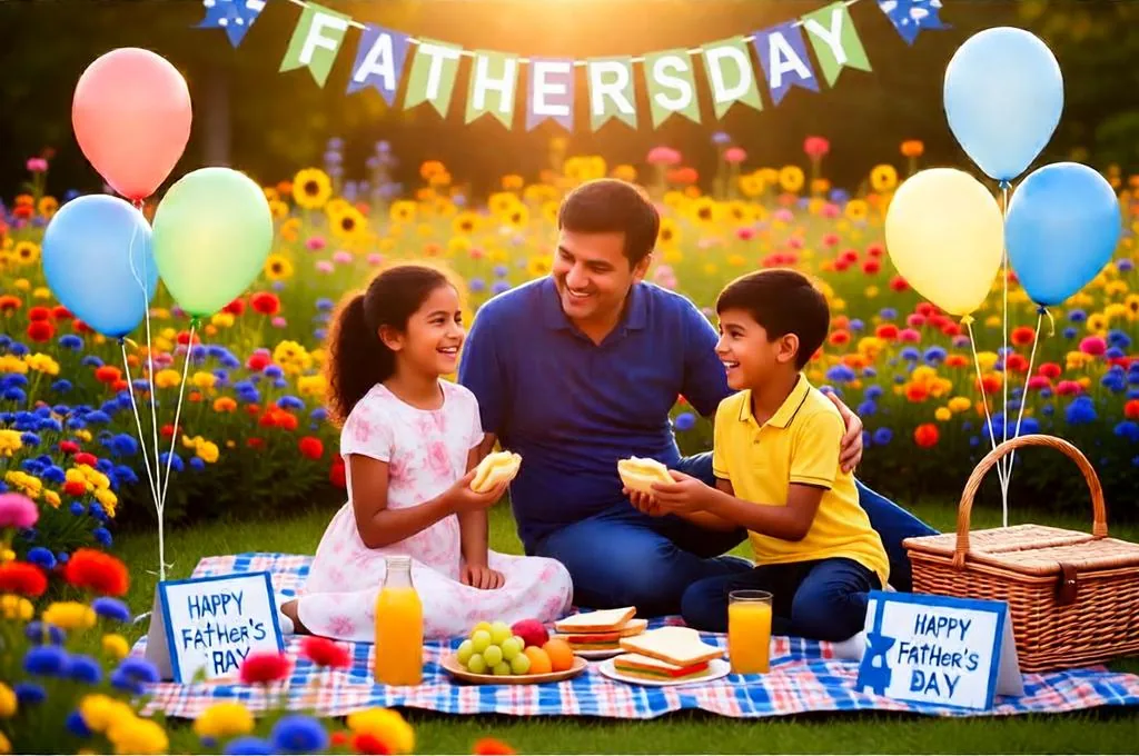Father’s Day family picnic in flower garden during sunset.