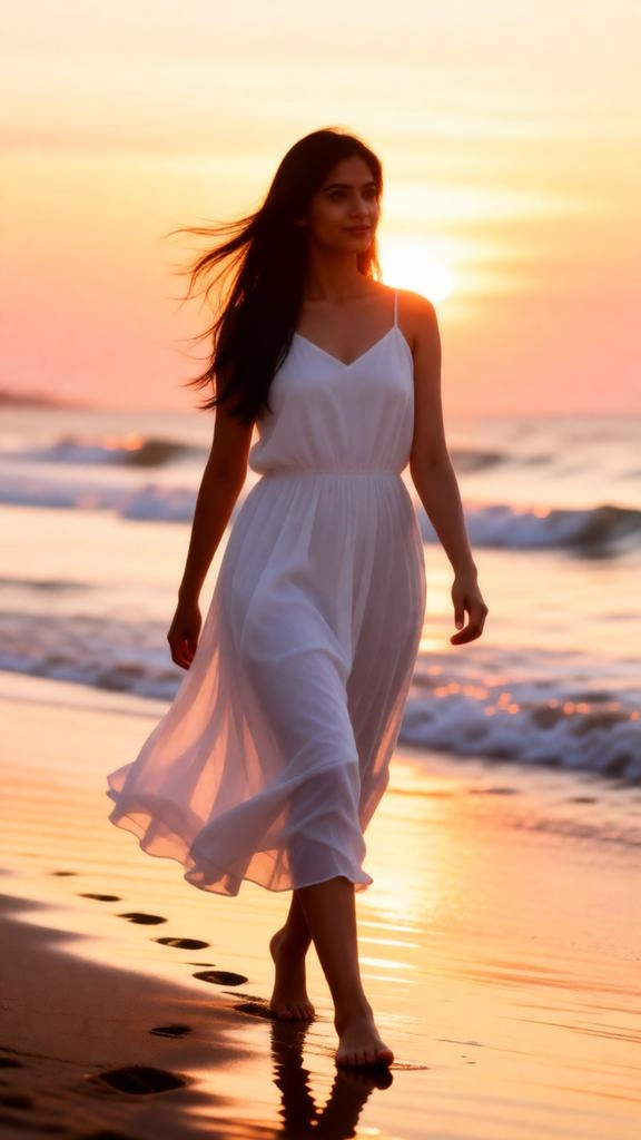 Woman walking barefoot on beach during dreamy sunset.