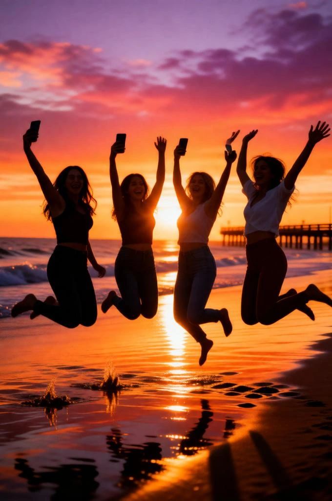 Friends jumping on beach during colorful sunset evening