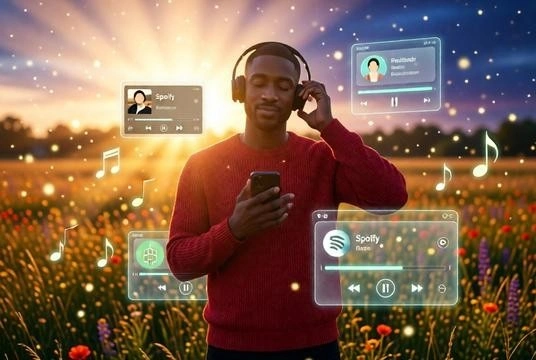 Full body dreamy meadow scene with headphones and floating music elements