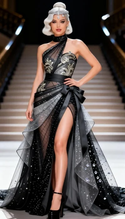 Women wear a charcoal black asymmetrical gown with silver shimmer.