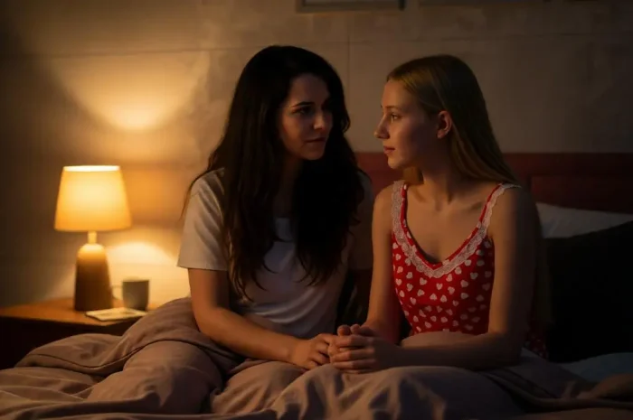 Mom and teenage daughter having a late-night emotional talk.