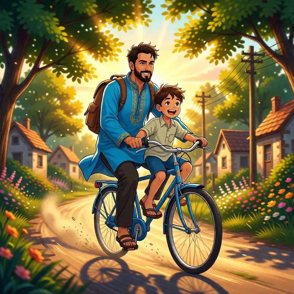 Anime-style father and son riding a bicycle during golden hour in a village.