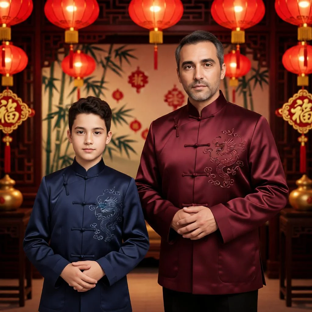 Traditional Chinese father and son portrait in Tang suits.