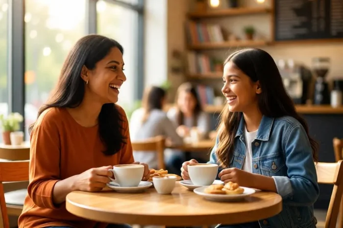 Mother and daughter laughing together in a cozy café.