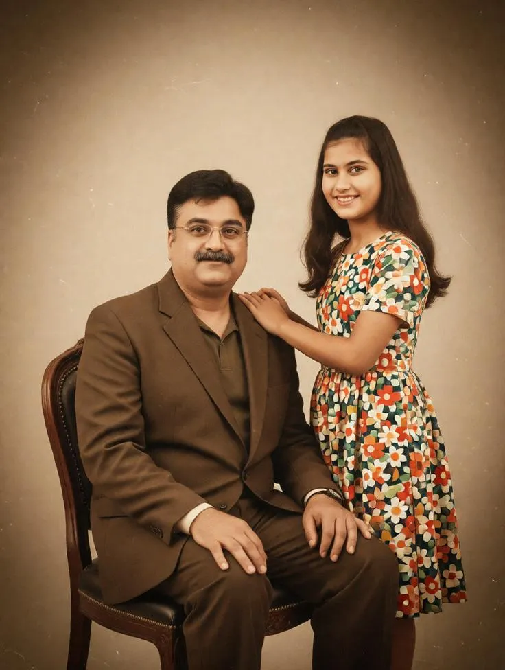 Vintage 1970s father and daughter studio portrait.