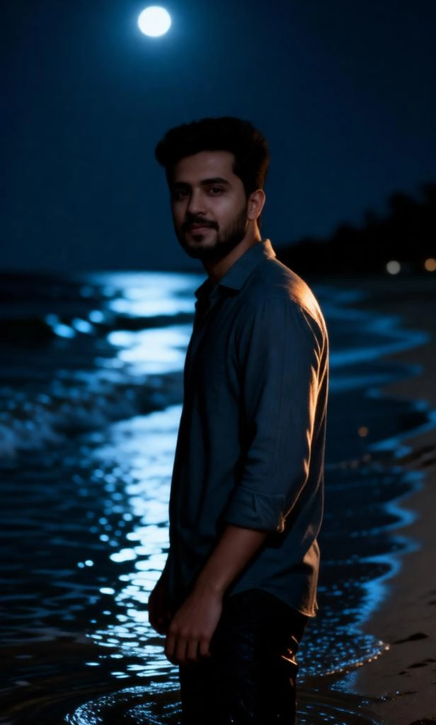Moody cinematic night beach portrait of young man