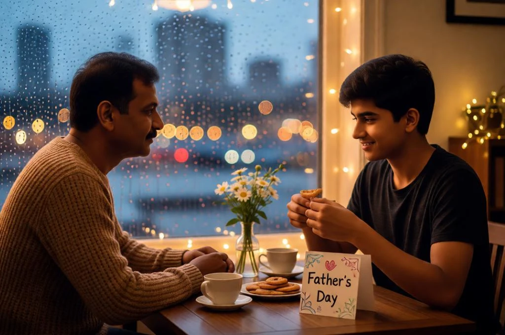 Cozy Father’s Day indoor scene with father and son by a rainy window.