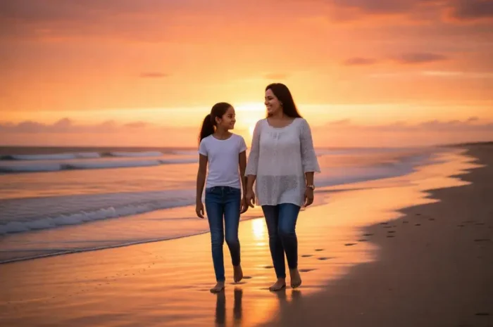 Mother and daughter walking barefoot on a beach at sunset.
