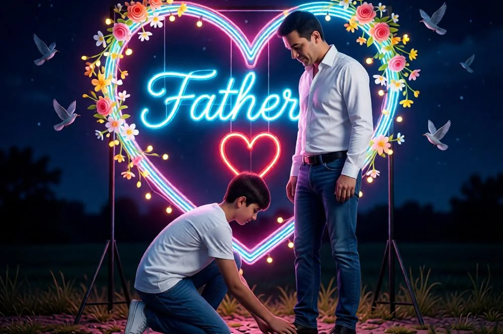 Son touching father’s feet in an emotional Father’s Day portrait.